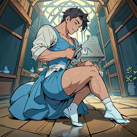 ((a male version of cinderella wearing short minimerotic dress)), nsfw, hentai, ((he is obediently cleaning the floor his ass up...