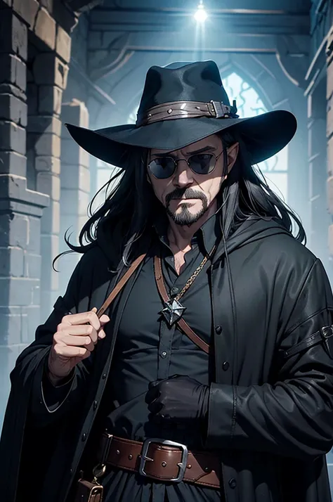 man wearing black sunglasses, No hats., Solomon Kane Hairstyle, Looks like Karl Heisenberg, middle aged man, gray eyes, black hair, be a wizard, Dress or wear medieval clothing., Dungeon and Dragon, Put on a wizard&#39;s outfit, The color scheme is brown m...