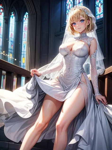 Anime style, super fine illustration, highly detailed, beautiful detailed, pale tone image, static representation, gentle expression, 8k, pretty 1girl with blonde straight short hair & blue eyes & a bright smile & full bust & soft fair skin is wearing the ...