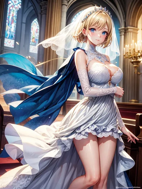 Anime style, super fine illustration, highly detailed, beautiful detailed, pale tone image, static representation, gentle expression, 8k, pretty 1girl with blonde straight short hair & blue eyes & a bright smile & full bust & soft fair skin is wearing the ...