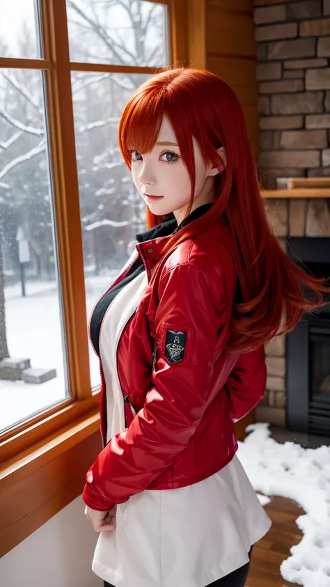 Red-haired anime girl wearing a red down jacket,snow on the window,Crouch in front of the fireplace,Big Breasts