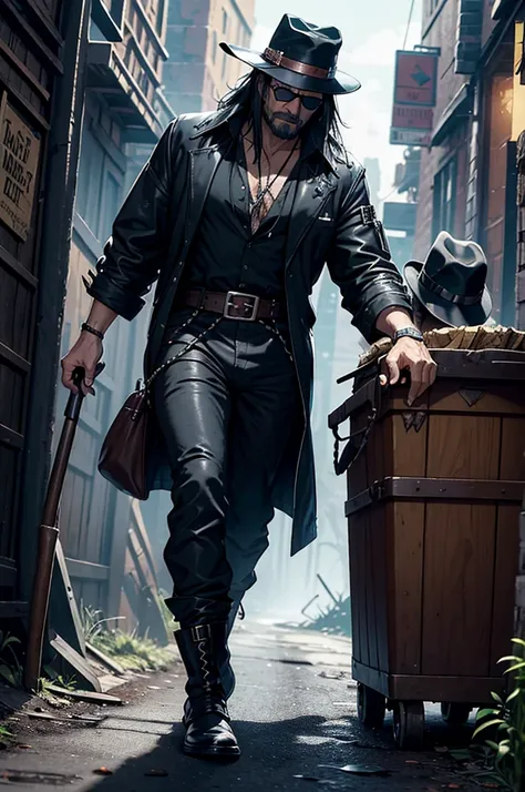 A man wearing a black hat and sunglasses, Like Solomon Kane, Epic Fantasy D & Good Hobbit Rogue, After the world ends explorer, Nicodemus, cowboy, gunman! middle aged man, Dressed up as a garbage collector, Disco Elysium characters, Old Cyberpunk Man, dirt...