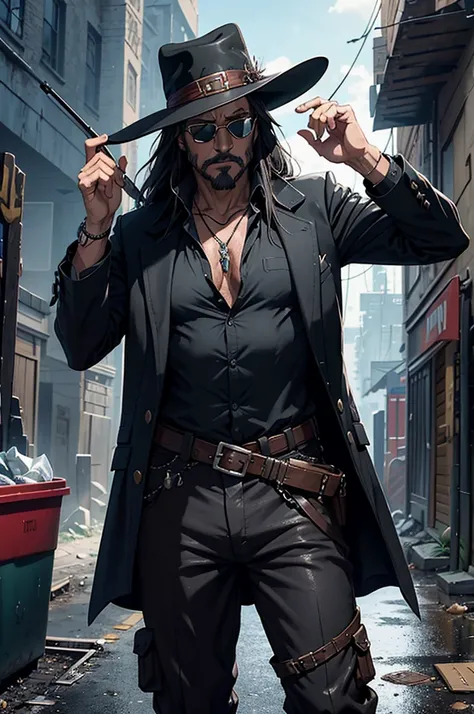 A man wearing a black hat and sunglasses, Like Solomon Kane, Epic Fantasy D & Good Hobbit Rogue, After the world ends explorer, Nicodemus, cowboy, gunman! middle aged man, Dressed up as a garbage collector, Disco Elysium characters, Old Cyberpunk Man, dirt...