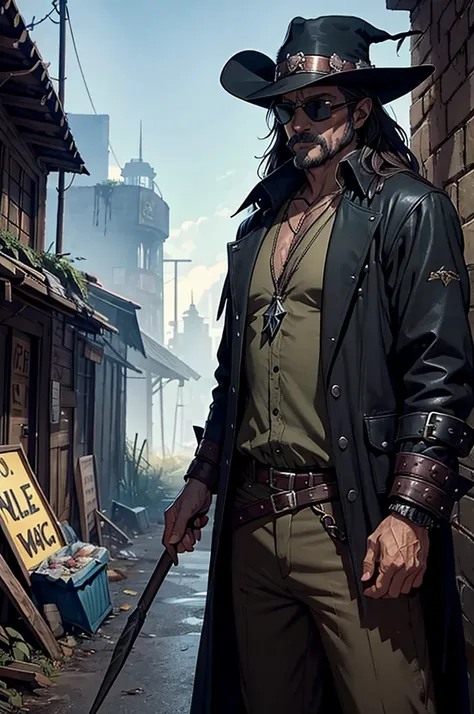 A man wearing a black hat and sunglasses, Like Solomon Kane, Epic Fantasy D & Good Hobbit Rogue, After the world ends explorer, Nicodemus, cowboy, gunman! middle aged man, Dressed up as a garbage collector, Disco Elysium characters, Old Cyberpunk Man, dirt...