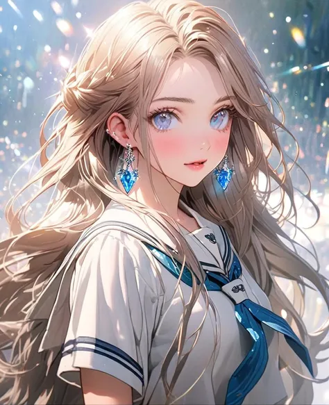 8K,gal，an extremely delicate and beautiful,Beautiful and realistic skin,Shiny jewel-like earrings,Shine like glitter long Greige hair,beautiful eyes,Fashion Model,full body,school uniform