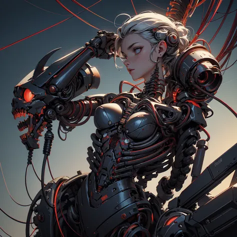 (((masterpiece))), ((Highest quality)), (Super Detail), (CG illustration), (So evil and beautiful)), Cinematic Light, ((1. Mechanical Girl)), single, (Mechanical Arts: 1.4), ((Mechanical Limbs)), (Blood vessel attached to a tube), ((Mechanical spine attach...