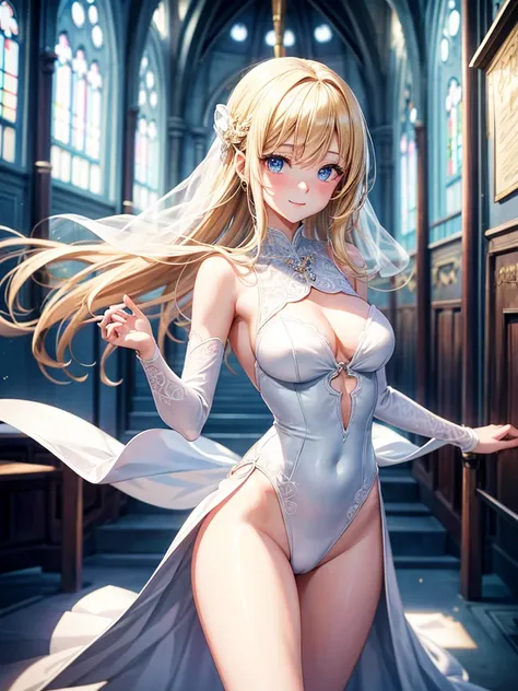 Anime style, super fine illustration, highly detailed, beautiful detailed, pale tone image, static representation, gentle expression, 8k, pretty 1girl with blonde straight short hair & blue eyes & a bright smile & full bust & soft fair skin is wearing the ...