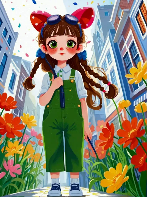  (Low Angle Shot:1.8), (((projected inset, dutch angle, vanishing point, from below))), (8k，Bright colors，Bright，Ultra high saturation，rgb, Colorful), Cartoon,Character Design,Cute little girl,big eyes,Long hair,With pigtails,Holding flowers,Wearing green ...