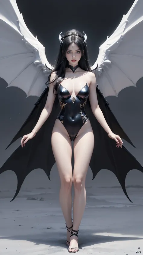 emphasis on wings, wings on shoulder, Angel wings and devil wings, white wings and black wings, (Realistic picture, highest resolution, 16ก), (A demon god with wide wings and enormous power on his shoulders..., Twelve wings on the shoulders., black bat win...