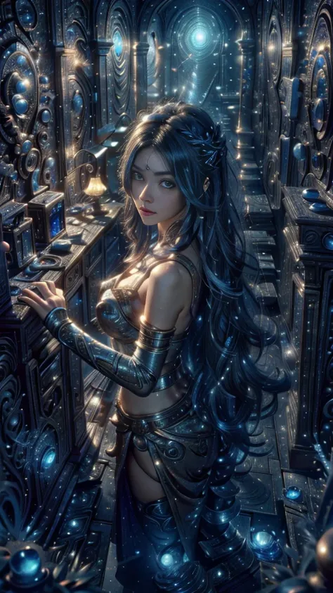 4k, ultra hd, masterpiece, 1 girl, good face, ((detailed eyes)), very long hair, impressive hairstyle, perfect brasts, fantasy cosplay, blue cosplay, night city, building, lamps, lights, light reflection, ray tracing, 