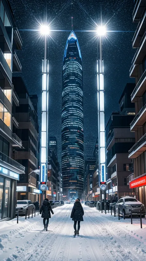 Create a highly detailed and realistic image of a futuristic high-tech city street during the morning. The scene is set in a white environment with heavy snowfall, covering everything in a blanket of snow and with snowflakes falling from the sky. The stree...