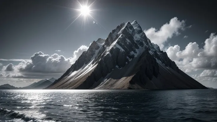 I want a realistic black and white landscape where on the left side there is a mountain in the middle of the sea, on the right side the sun and in the background the clouds