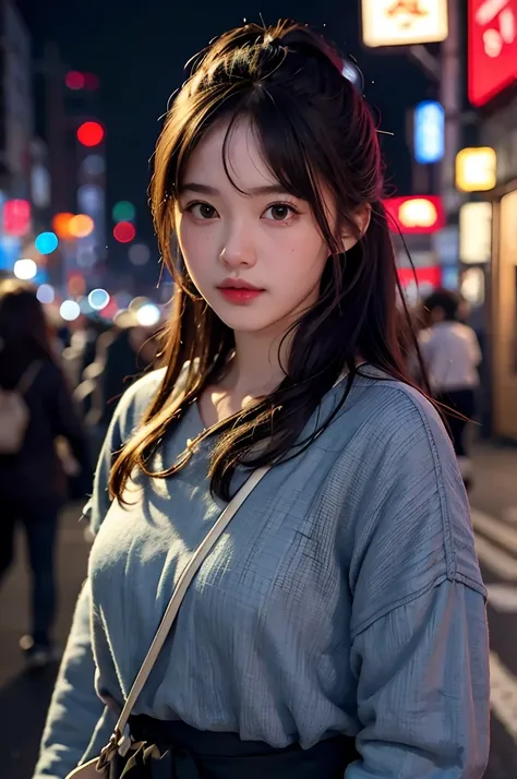 1girl, tokyo street,night, cityscape,city lights, upper body,close-up, 8k, raw photo, best quality, masterpiece,realistic, photo...