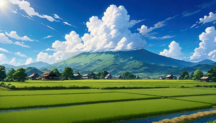 Japanese countryside,Paddy field,Azemichi,Midsummer,sunny,Cumulonimbus,Daytime,Highest quality, 8k, High resolution, masterpiece:1.2, Very detailed, Realistic:1.37, High resolution, 超High resolution, Very detailed, Professional, Vibrant colors