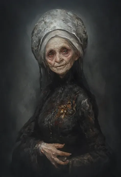 oil painting,Denis Forkas style,baroque,dark atmosphere,creepy,professional illustration,professional painting, Portrait of old deformed woman like she was a demon, deformed creepy portrait from the deep abyss,snakes,intricate details,best quality,4k,8k,hi...