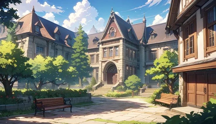 masterpiece, best quality, very aesthetic, Very detailed CG Unity 8k wallpaper，Tree荫，bench，Outside the library，School, landscape, outdoor, sky空, sky, blue sky空, architecture, window,  Fence, Tree，Shinkai Makoto，cartoon