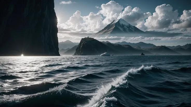 I want a realistic black and white landscape where on the left side there is a mountain in the middle of the sea, on the right side the sun and in the background the clouds, based on the mythology of Icarus, image seen from the side