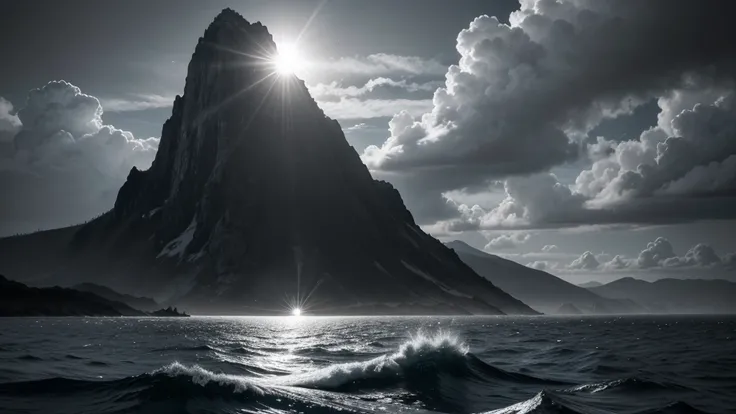 I want a realistic black and white landscape where on the left side there is a mountain in the middle of the sea, on the right side the sun and in the background the clouds, based on the mythology of Icarus, image seen from the side