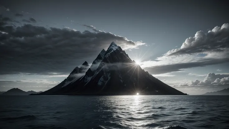 I want a realistic black and white landscape where on the left side there is a mountain in the middle of the sea, on the right side the sun and in the background the clouds, based on the mythology of Icarus, image seen from the side