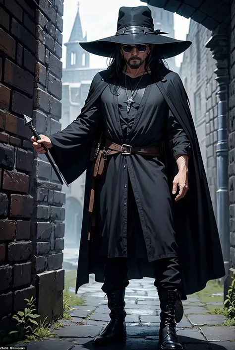 The man wore black sunglasses and a hat., Solomon Kane Hairstyle, Looks like Karl Heisenberg, middle aged man, gray eyes, black hair, be a wizard, Dress or wear medieval clothing., Dungeon and Dragon, Put on a wizard&#39;s outfit, The color scheme is brown...