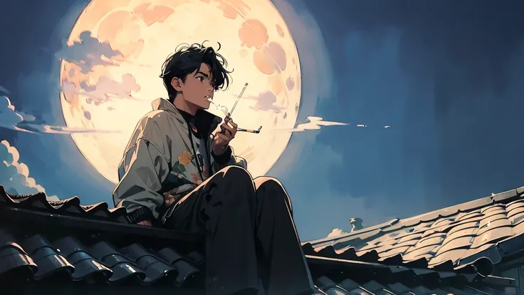 Yuji Itadori smoking a cigarette on the roof of his house, under the moonlight of a full moon night, distant image, lente ultrawide 4k