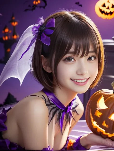 (table top,a 25 years old girl, detailed cutie face, beautiful balanced clear detailed eyes, detailed dropped eyes, ultra big smile, extremely detailed face,ultra slender body,short hair,anime style, (halloween costume):2.0), Highres fix,colorful lights, p...