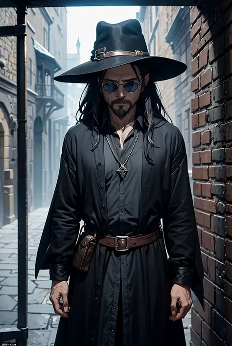 The man wore black sunglasses and a hat., Solomon Kane Hairstyle, Looks like Karl Heisenberg, middle aged man, gray eyes, black hair, be a wizard, Dress or wear medieval clothing., Dungeon and Dragon, Put on a wizard&#39;s outfit, The color scheme is brown...