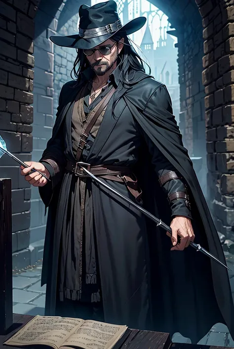 The man wore black sunglasses and a hat., Solomon Kane Hairstyle, Looks like Karl Heisenberg, middle aged man, gray eyes, black hair, be a wizard, Dress or wear medieval clothing., Dungeon and Dragon, Put on a wizard&#39;s outfit, The color scheme is brown...