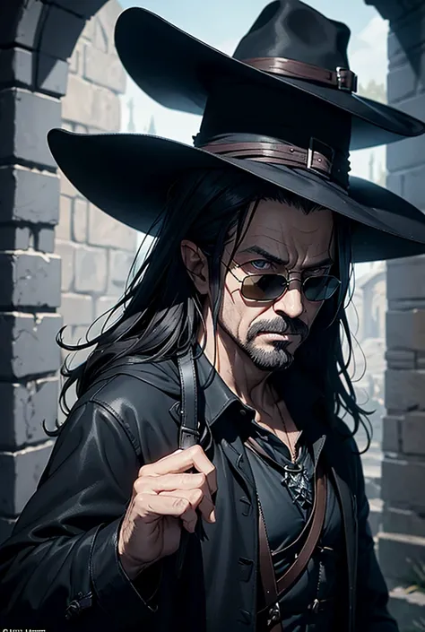 The man wore black sunglasses and a hat., Solomon Kane Hairstyle, Looks like Karl Heisenberg, middle aged man, gray eyes, black hair, be a wizard, Dress or wear medieval clothing., Dungeon and Dragon, Put on a wizard&#39;s outfit, The color scheme is brown...