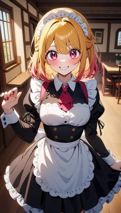 1girl, hoshino ruby, oshi no ko,blonde hair,smile,maid,sexy,medival house,perfect hand,masterpiece,very aesthetic,newest,sensitive