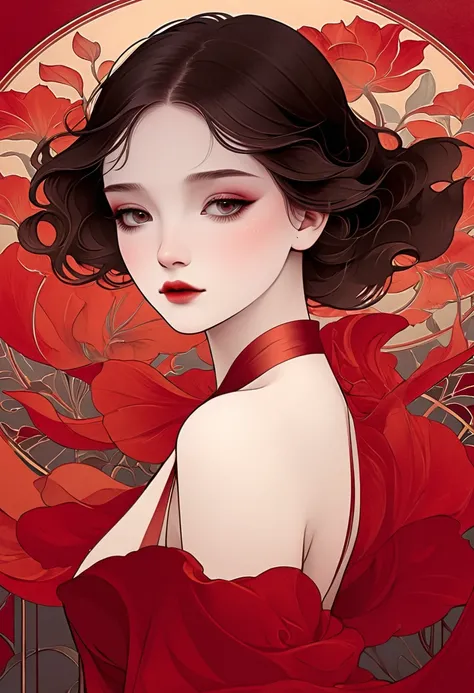 (masterpiece, best quality:1.2), 1 girl, alone,beautiful face，Red Reminimalist Art Nouveau，illustration style，black and red