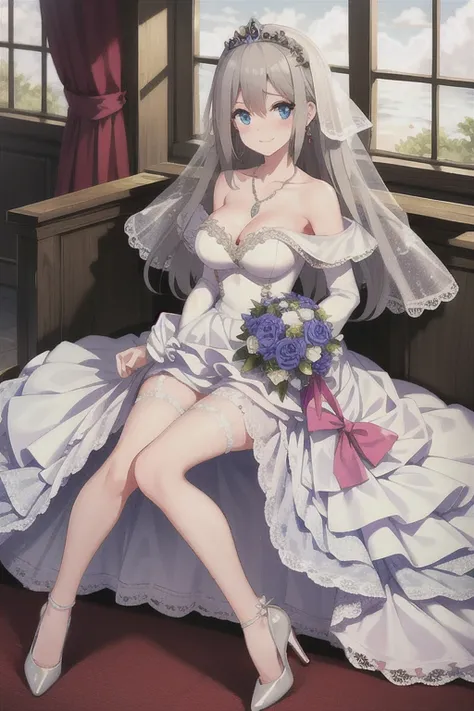 lexington (warship girls r),((masterpiece)),(((best quality))),((ultra-detailed)),((illustration)),((disheveled hair)),((frills)),(1 girl),(solo),1girl, ahoge, bangs, bare legs, bare shoulders, bird, gray hair, blue sky, blush, bouquet, braid, breasts, bri...