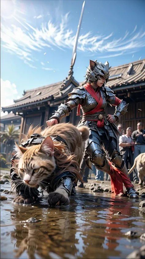 (have a weapon:1.3), (cat helmet warrior:1.3), concentrated line, face shot, background blur, luxurious armor, dynamic pose, nat...