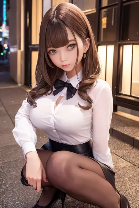 Tight mini skirt with slit、Formal Shirt、1 girl、Bob Hair、Medium breast、Toned Legs、Sexy black pantyhose:1.2、garter belt、High-end stiletto heels、In front of the station at night、Stairs at night、Squat、Sitting、masterpiece:1.3、Raw photo、Highest quality、Highest q...