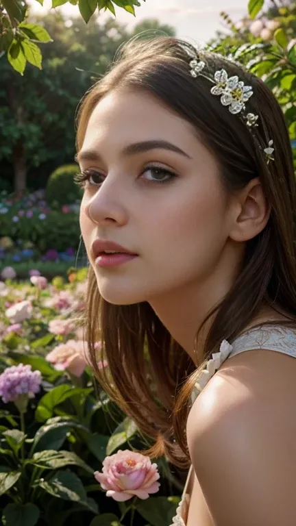 a low angle shot of a girl in a flower garden, beautiful detailed eyes, beautiful detailed lips, extremely detailed eyes and face, long eyelashes, elegant pose, photorealistic, 8k, ultra-detailed, professional studio lighting, vivid colors, serene landscap...