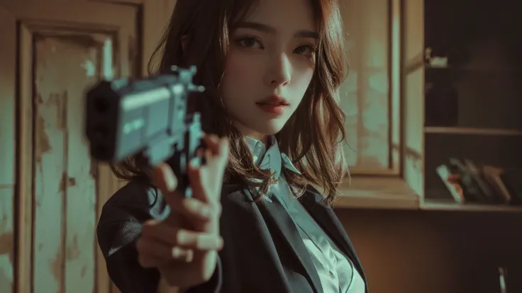 There&#39;s a woman in the room with a gun, carry pistol, Korean film noir, Yoo Lee Ji-eun plays the super villain, neo-black style, Portrait shoot, cinematic. author：Leng Jun, closeup Portrait shoot, female spy, Shooting pose, 1950s Korean thriller noir f...