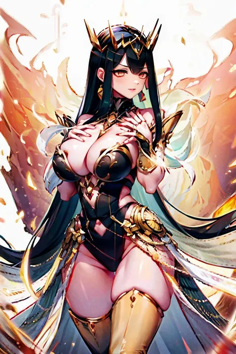 black hair, bare shoulder, red eyes, very long hair, cleavage, large breasts, dress, showgirl skirt, high-leg, cleavage cutout, tiara, bare thighs, gauntlets, bare shoulder, (((perfect hands, perfect fingers, accurate hands and fingers, 5 fingers))), adult...