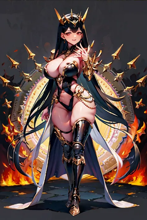 black hair, bare shoulder, red eyes, very long hair, cleavage, large breasts, dress, showgirl skirt, high-leg, cleavage cutout, tiara, bare thighs, gauntlets, bare shoulder, (((perfect hands, perfect fingers, accurate hands and fingers, 5 fingers))), adult...