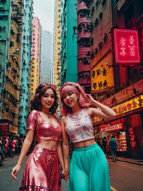 hong kong, day, ( low angle , view from below,) (awkward,blush :1.3), alafi girls take photos in colorful clothes, y 2 k cutecor...