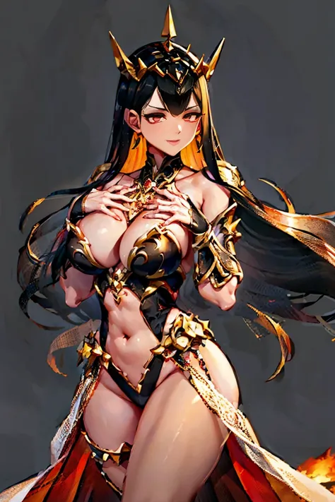 black hair, bare shoulder, red eyes, very long hair, cleavage, large breasts, dress, showgirl skirt, high-leg, cleavage cutout, tiara, bare thighs, gauntlets, bare shoulder, (((extremely detailed hands and fingers, ultra detailed hands and fingers, super d...