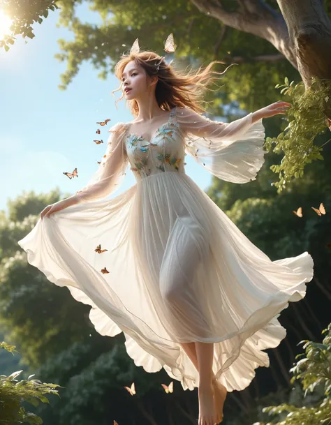 a fairy flying from a tall tree、butterfly wings、white sheer dress、dress with hair fluttering in the wind、low angle shot:1.7、(hig...