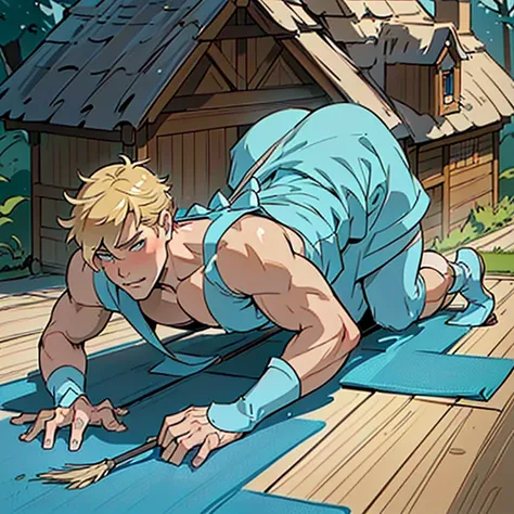 ((a male blond version of cinderella wearing short minimerotic dress)), nsfw, hentai, ((he is obediently cleaning the floor his ...