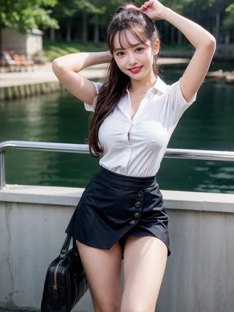 Gray background、pubic hair、Large Breasts、Thighs、Red lipstick、Cute woman、high school girl、White shirt、(Navy blue skirt)、smile、Open chest shirt、(A polka dot shirt that was wet and showed her underwear)、Wet Hair、Gazing at the sea、smile、On the boat、Raising his...