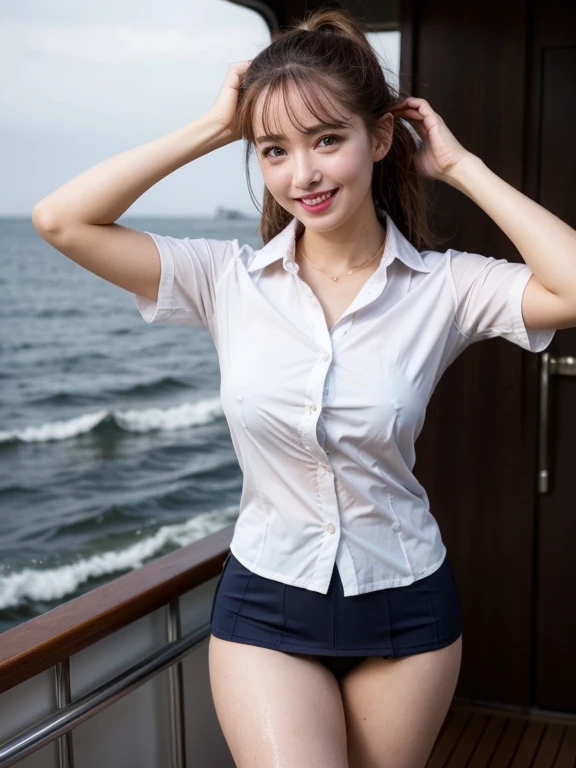 Gray background、pubic hair、Large Breasts、Thighs、Red lipstick、Cute woman、high school girl、White shirt、(Navy blue skirt)、smile、Open chest shirt、(A polka dot shirt that was wet and showed her underwear)、Wet Hair、Gazing at the sea、smile、On the boat、Raising his...