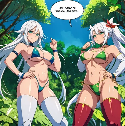 some pretty anime characters fighting over with one another over the top of them a sun blushing lewd face while wearing very tight boots micro leaf bikini, standing an animated figure with white hair holding a leaf and a green leaf behind her is speech bub...