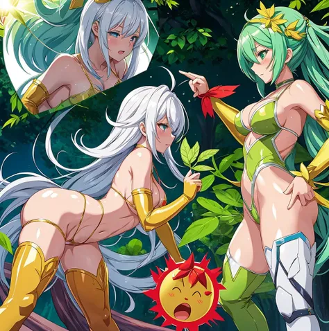 some pretty anime characters fighting over with one another over the top of them a sun blushing lewd face while wearing very tight boots micro leaf bikini, standing an animated figure with white hair holding a leaf and a green leaf behind her is speech bub...