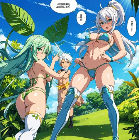 some pretty anime characters fighting over with one another over the top of them a sun blushing lewd face while wearing very tight boots micro leaf bikini, standing an animated figure with white hair holding a leaf and a green leaf behind her is speech bub...