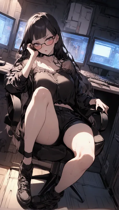 Dynamic composition,dutch angle,full body,Focus on legs,{{masterpiece}}, {{{Highest quality}}},{{Very detailed}},cyberpunk,1girl,30years old,{Mature Woman}},otaku obsessed with fighting geeks,,{{Sit on a chair and take a rest}},long-sleeved blouse,Shorts,S...