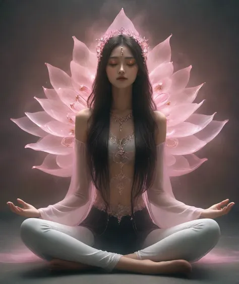 lotus pose girl full body photography，anatomically correct,raw, filming, (be focused:1.5), (reality:1.4), dusk lighting, volumet...