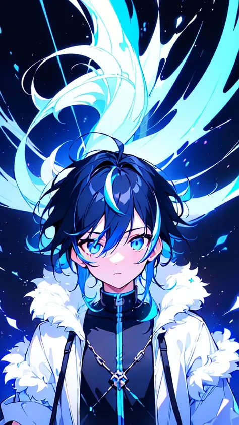 [(BLACK BACKGROUND:1.5),::5], ((((masterpiece)))), high quality, ultra very high resolution, full color, (((solo))), ((little boy)), BLACK hair, ((Blue streaked hair)), (oriental deepblue eyes), anime, ((upper body)), Summer clothes, neon light, black park...